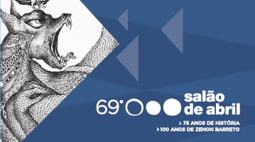 Imagem de divulgação com logo do Salão de Abril e imagem de uma cobra com a boca aberta (desenho surrealista do artista cearense Darcílio Lima)